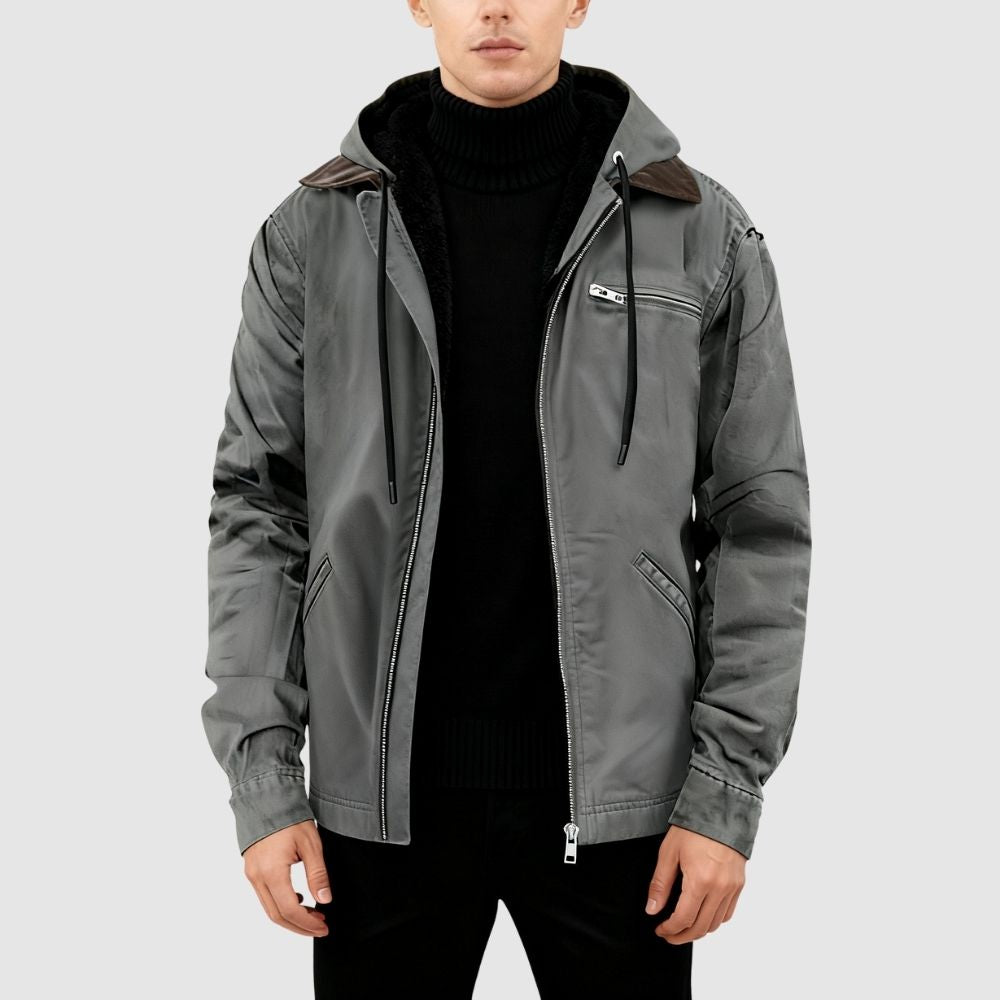Front view of the Men's Kouvr Tyrian sherpa lined hooded work jacket in Coyote Brown.