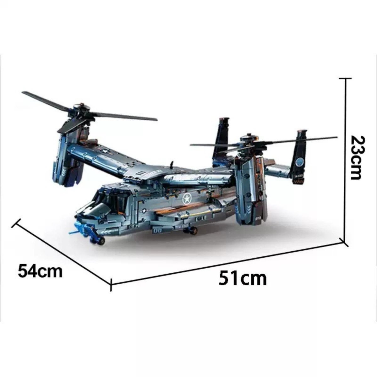 Diagram of the assembled V-22 Osprey construction toy showing its dimensions: 54cm wingspan, 51cm length, and 23cm height.