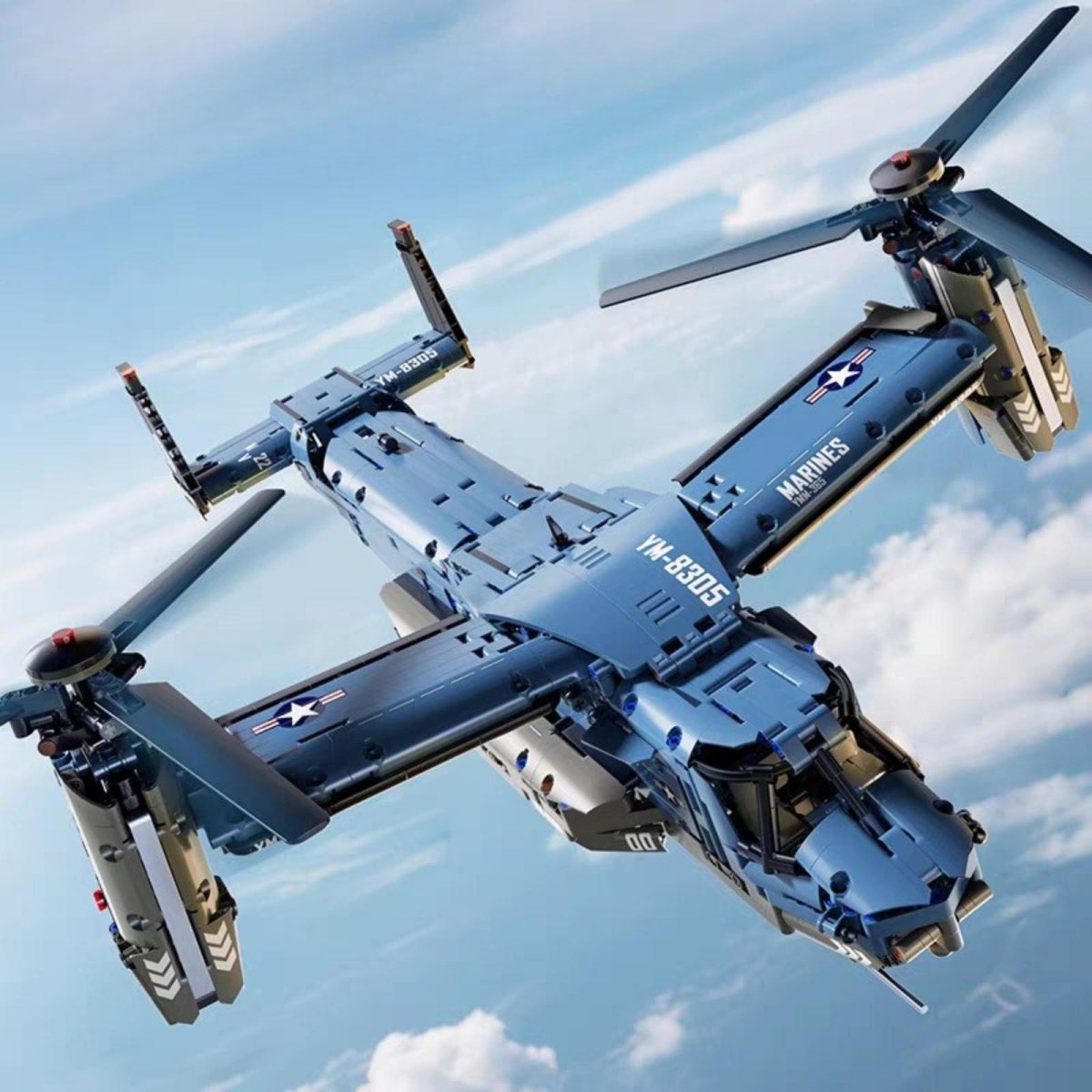 A highly detailed, blue V-22 Osprey military aircraft model built from construction blocks, shown flying against a bright blue sky with clouds.