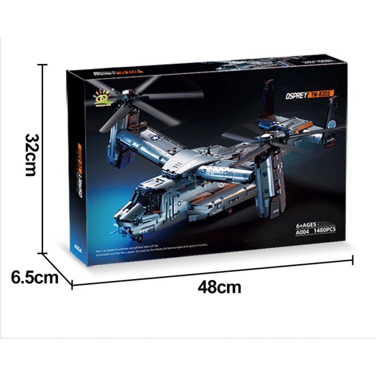 The product box for the Kouvr V-22 Osprey 1480-piece building set, with dimensions shown as 48cm by 32cm by 6.5cm.