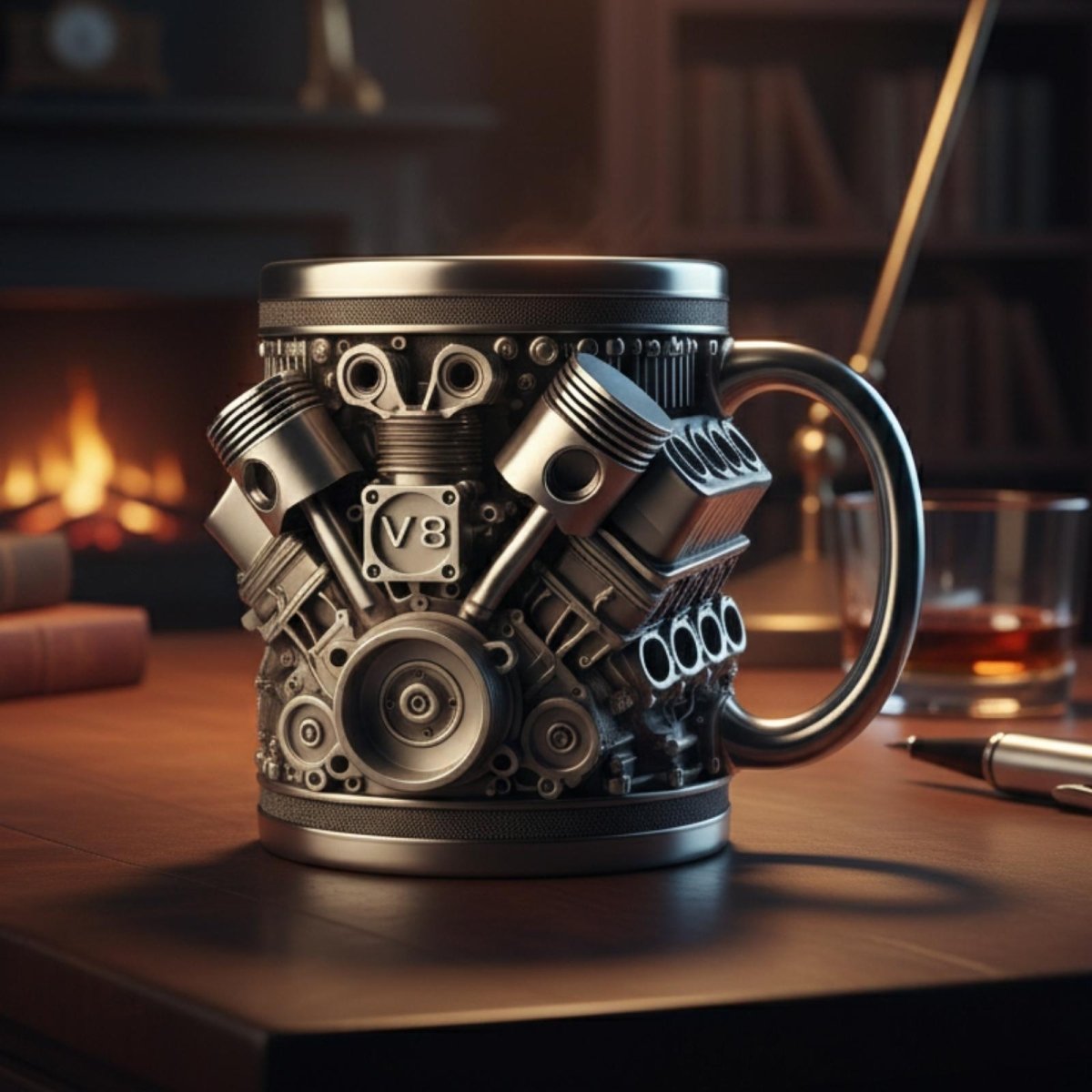 Kouvr V8 engine coffee mug in brushed stainless steel sitting on a dark wood desk with a fireplace in the background.