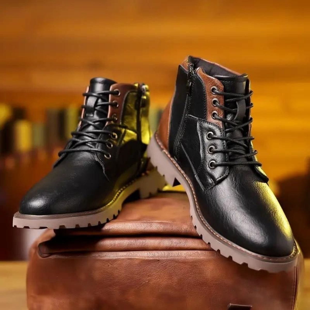 Black leather boots on a wooden surface with a blurred background