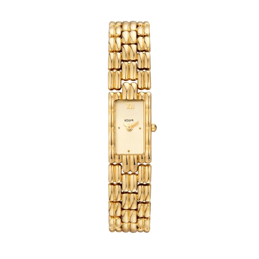 Gold kouvr watch with a chain-like bracelet on a white background