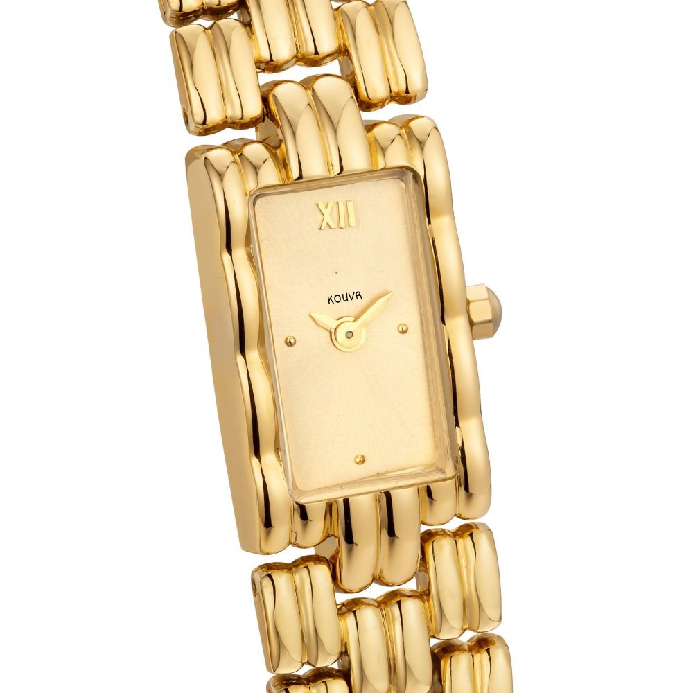 Gold kouvr watch with a rectangular face on a white background