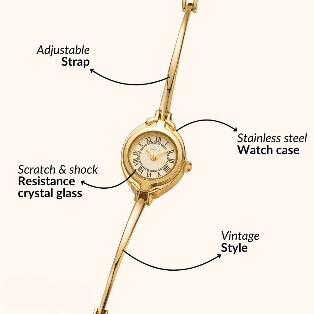 Gold Kouvr watch with labeled features on a white background