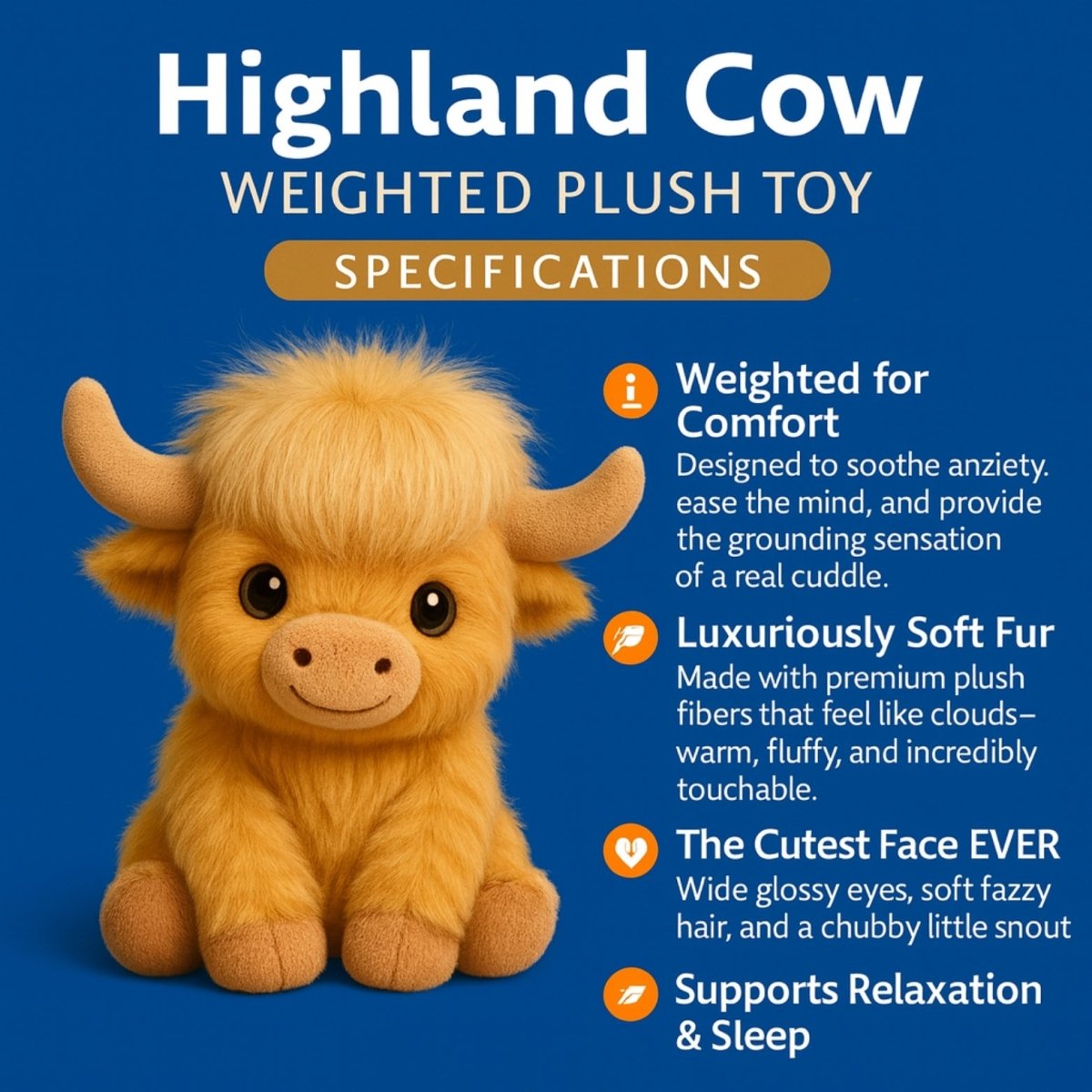 An infographic detailing the benefits of the Kouvr Highland Cow weighted plush toy, highlighting comfort, soft fur, cute face, and relaxation support.