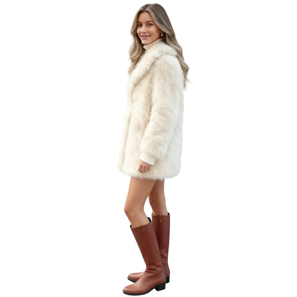 elegant outerwear," "cozy winter fashion," "chic cold-weather style," and "cruelty-free luxury