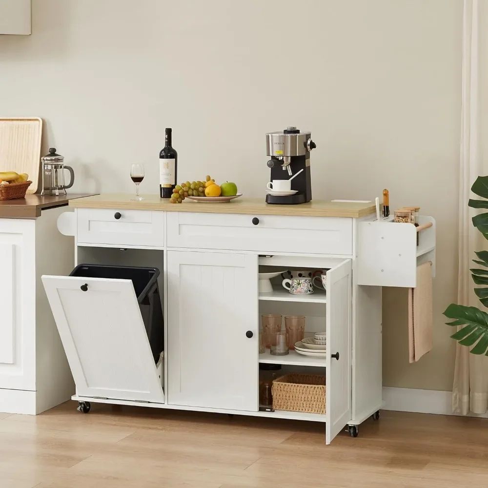 Kouvr white rolling kitchen island with solid wood drop-leaf countertop extended and side spice rack visible
