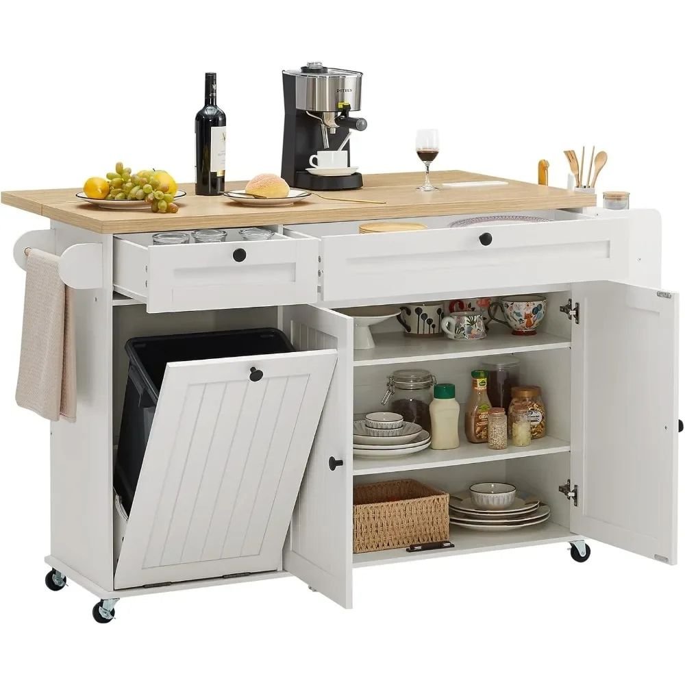 Kouvr white rolling kitchen island with solid wood drop-leaf countertop extended and side spice rack visible