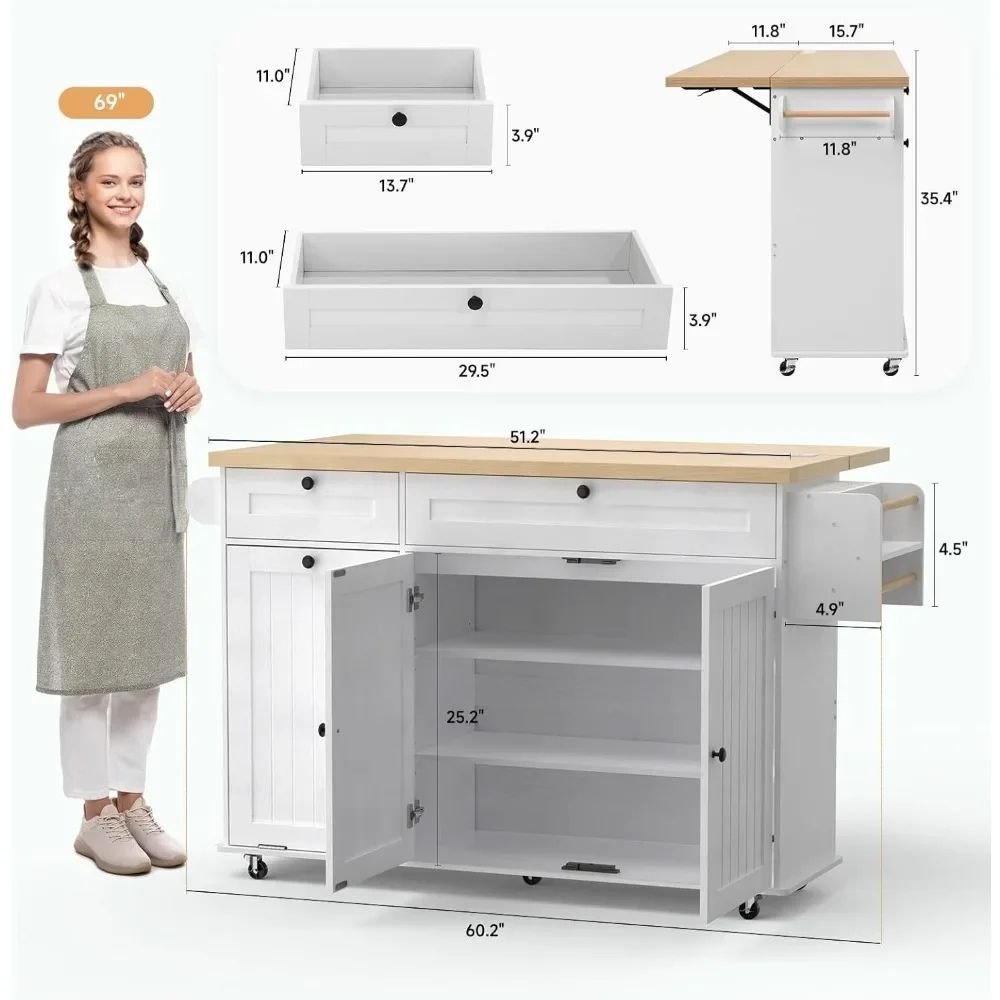 Kouvr white rolling kitchen island with solid wood drop-leaf countertop extended and side spice rack visible