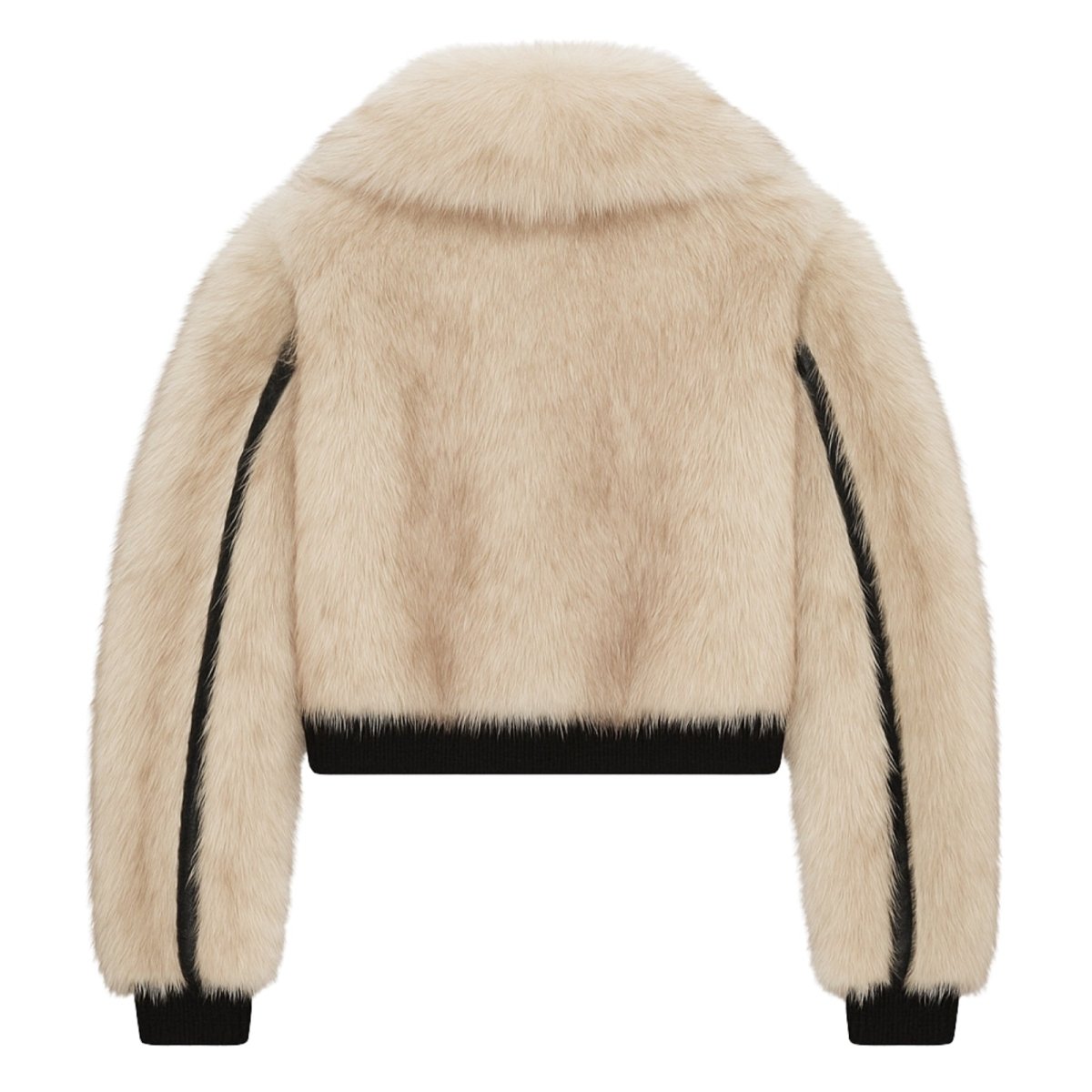 Beige Kouvr fur jacket with black trim on a white background