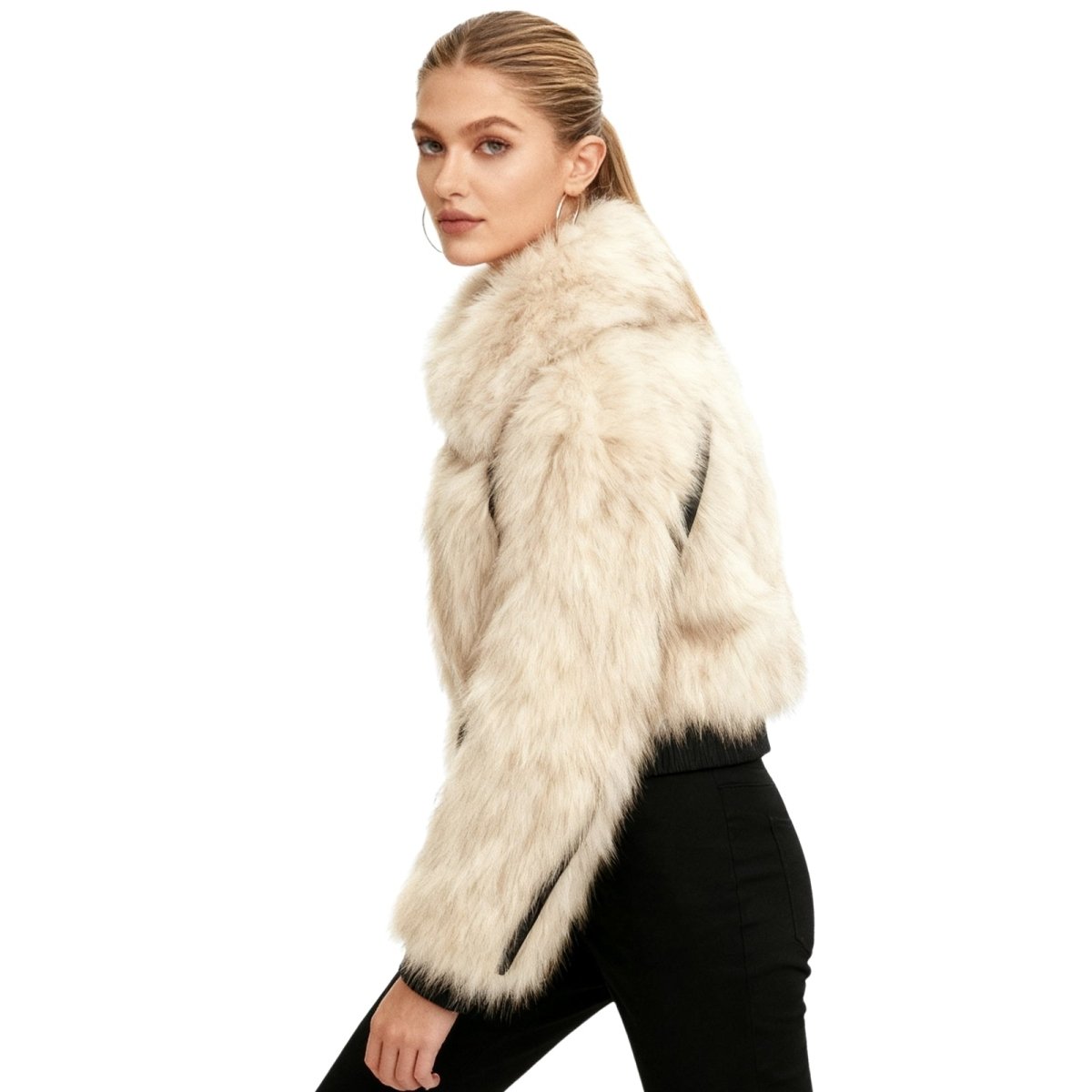 Woman wearing a beige Kouvr fur coat on a white background