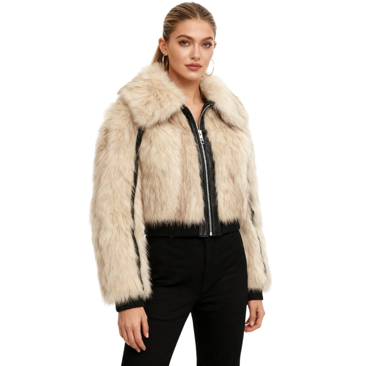 Woman wearing a beige Kouvr fur jacket with a white background