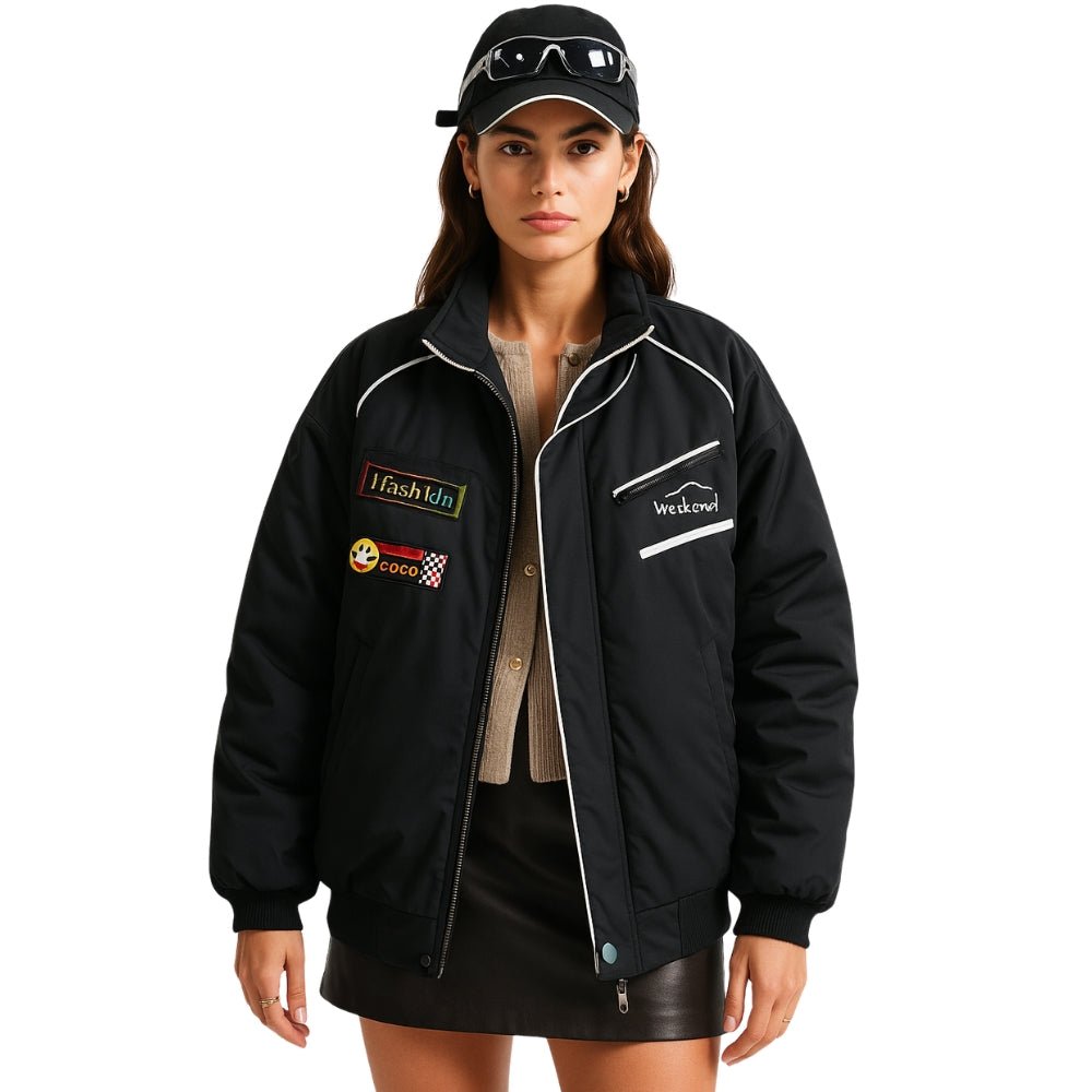 Motorsport Aesthetic, Y2K Moto Jacket, Embroidered Outerwear, Biker Core Fashion, Streetwear Jacket