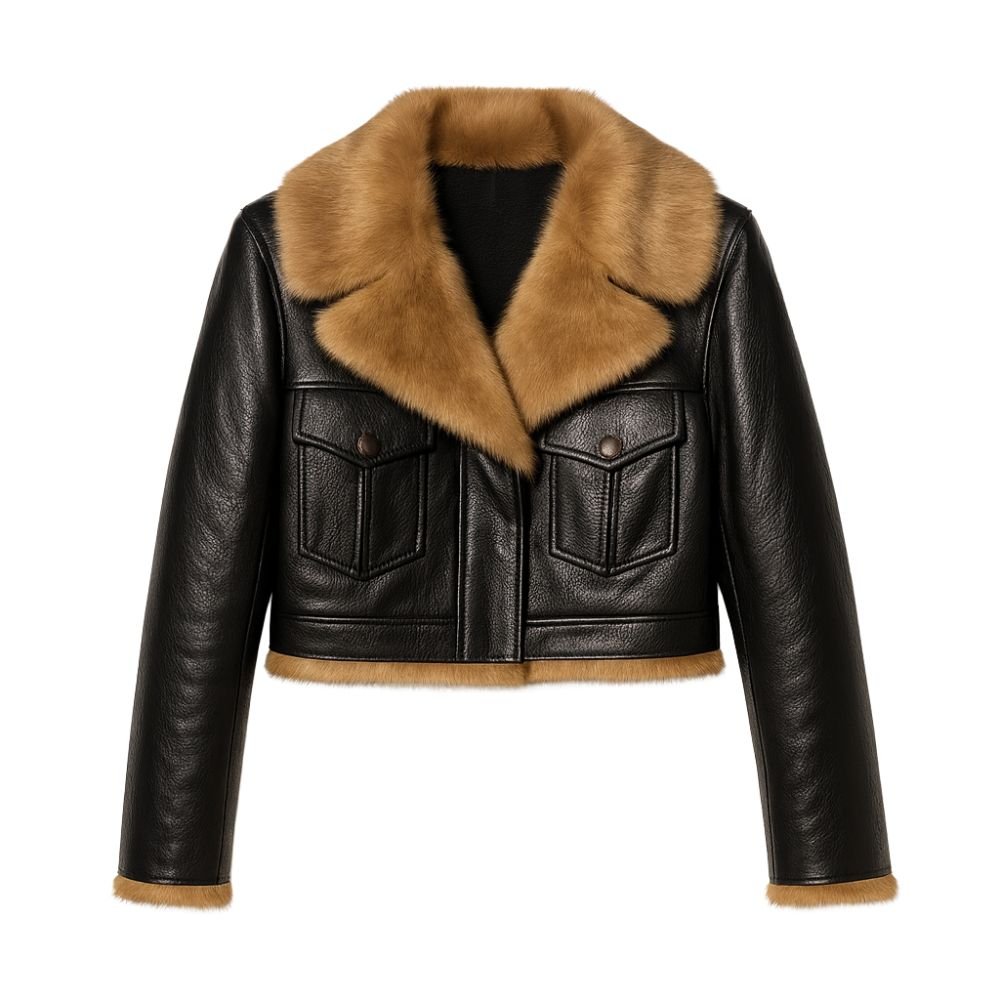 Woman wearing Kouvr Fashion black cropped faux leather aella jacket with brown faux shearling fur collar