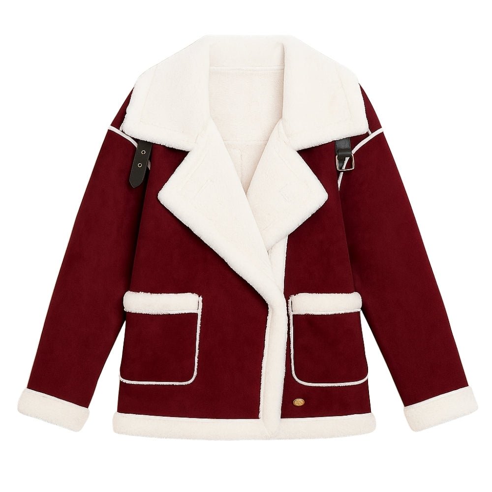 Burgundy Kouvr coat with white fur lining on a white background