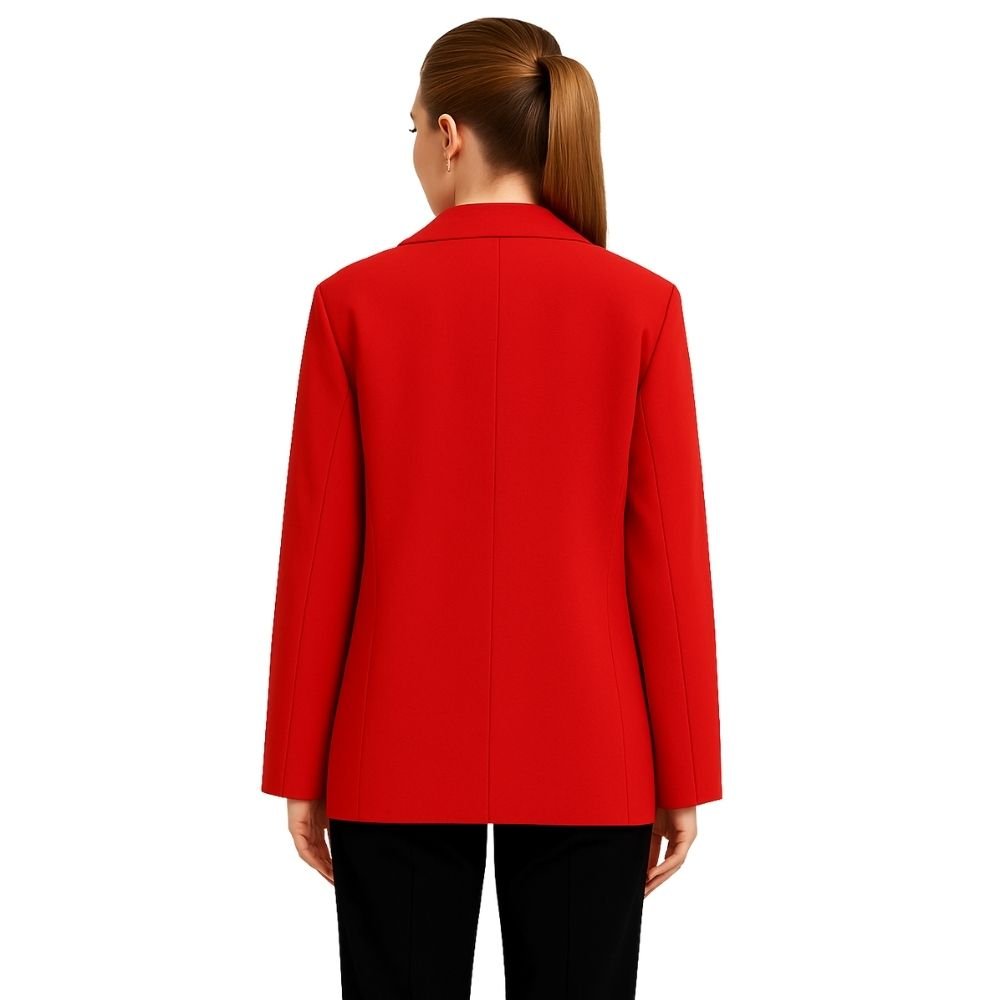 business casual outfit," "tailored fit jacket," "notched lapel blazer," "how to style a red blazer," and "statement jacket for women