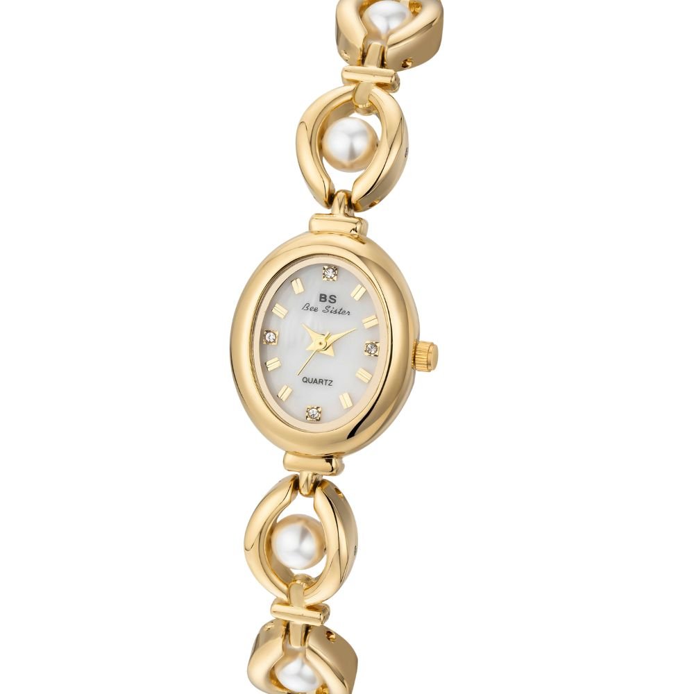 Kouvr Fashion Women's Gold Pearl Bracelet Watch on wrist