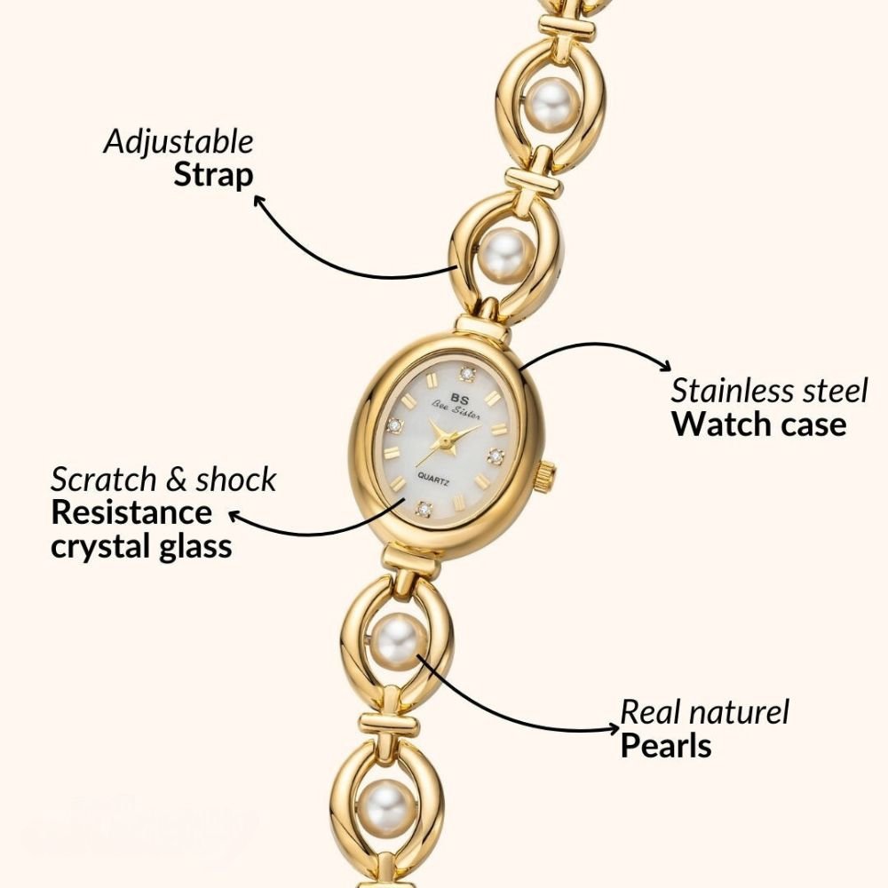 Kouvr Fashion Women's Gold Pearl Bracelet Watch on wrist