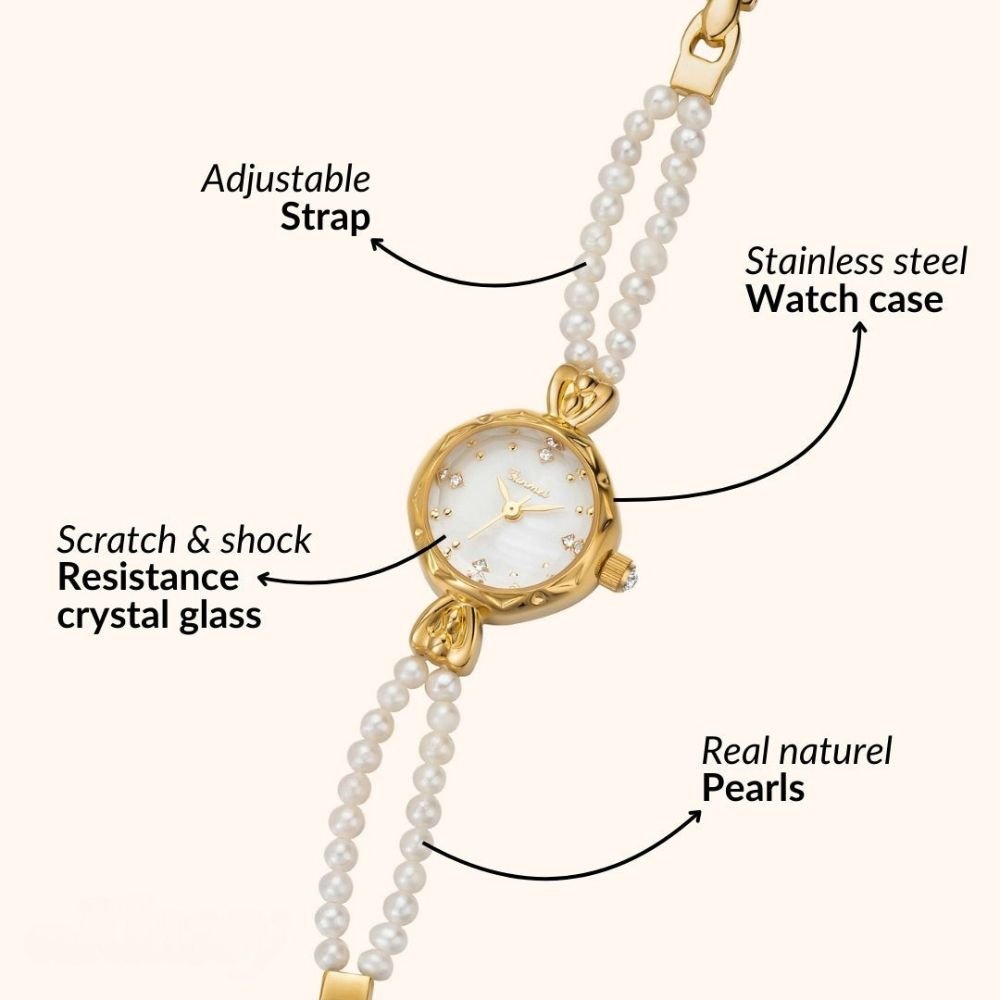 Kouvr women's elegant gold watch with a double strand real pearl bracelet and mother of pearl dial on wrist