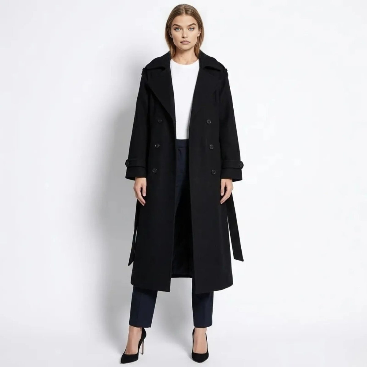 Model wearing the Kouvr women's long black wool trench coat, open front view showing the double-breasted design and white t-shirt underneath.