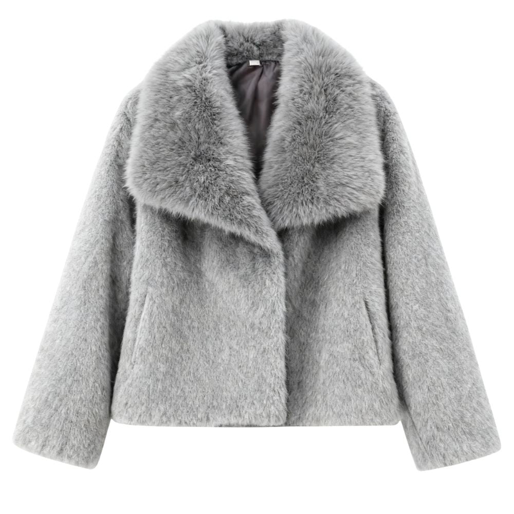 plush evening jacket", "vegan fur", "cruelty-free outerwear", "statement coat", "short fur jacket", and "glamorous winter style