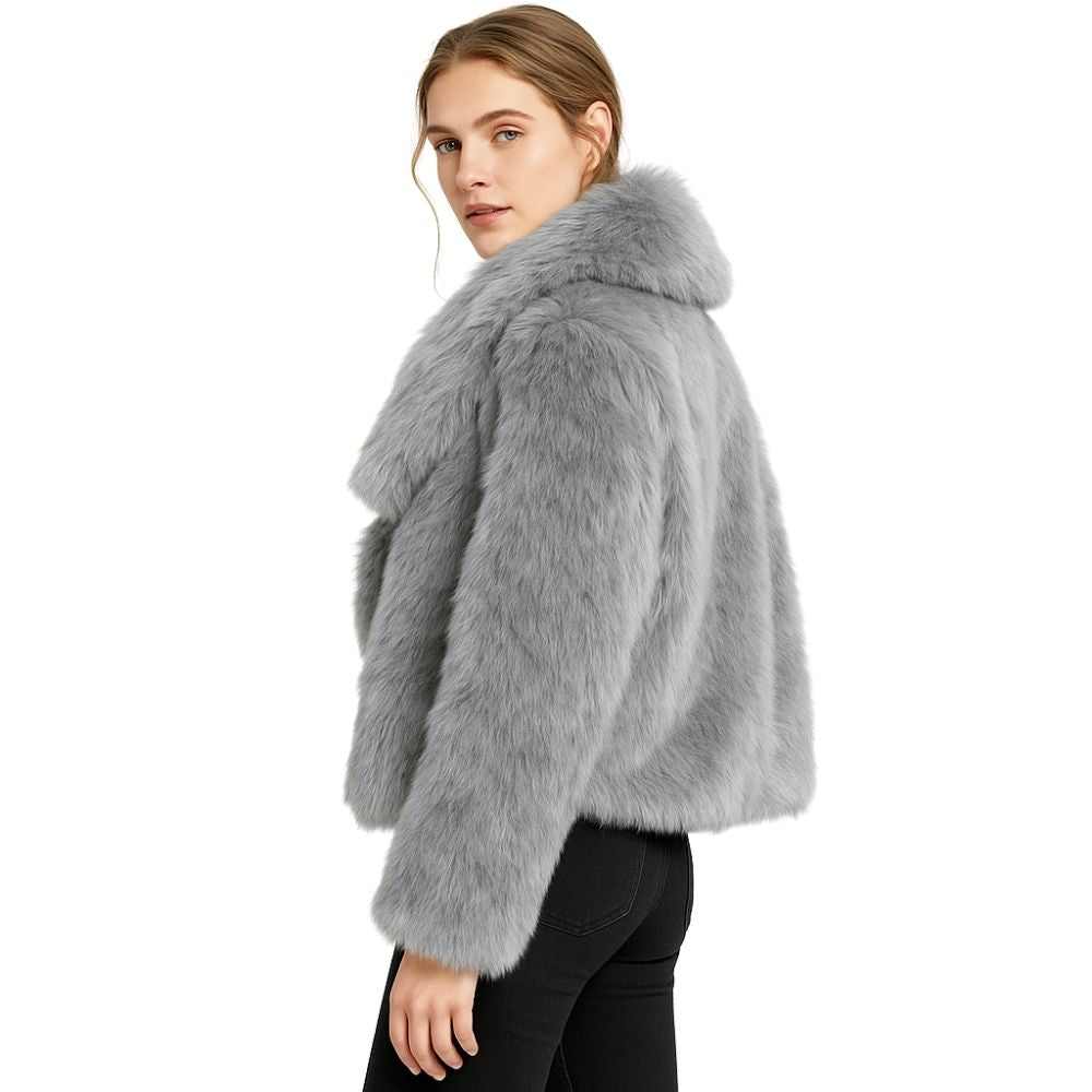 plush evening jacket", "vegan fur", "cruelty-free outerwear", "statement coat", "short fur jacket", and "glamorous winter style