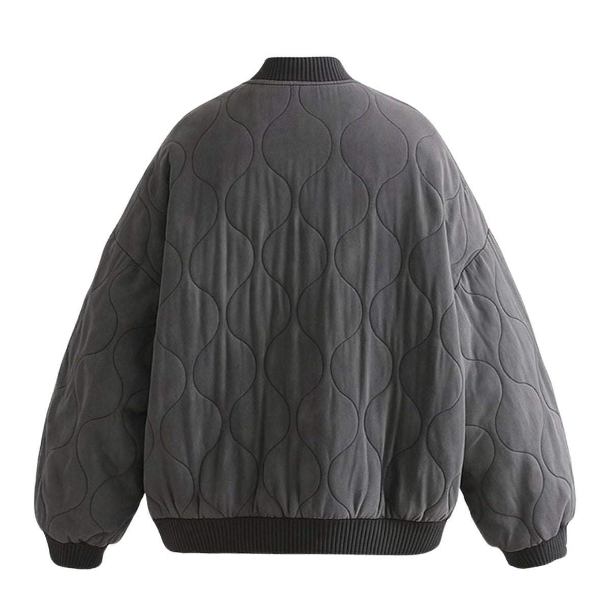 Gray kouvr quilted jacket on a white background