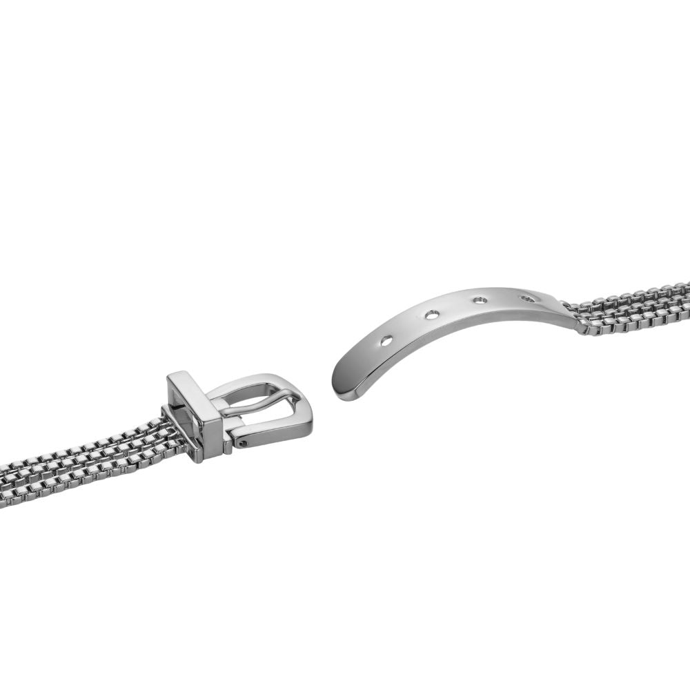 Close-up of a silver kouvr bracelet with a clasp on a white background