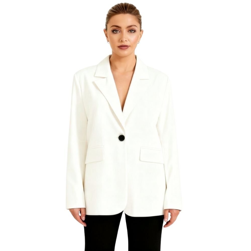 single-breasted suit jacket', 'chic workwear', 'blazer for jeans', 'notched lapel jacket', and 'modern professional style