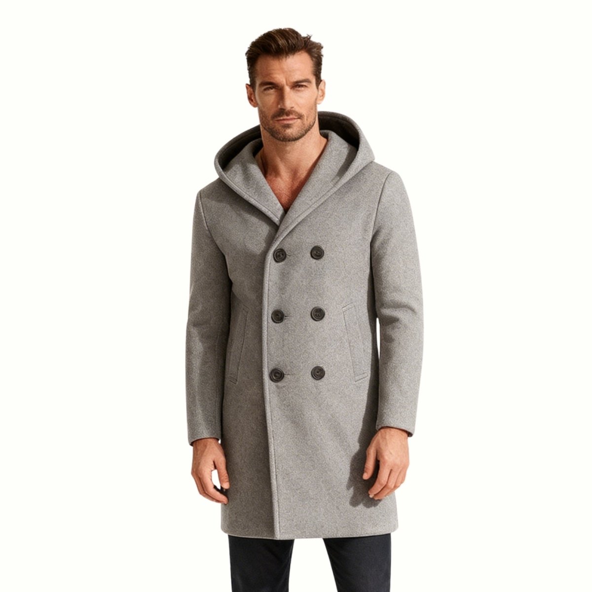 A man wearing the Kouvr Xander men's grey hooded wool blend peacoat, showing the double-breasted button front and modern tailored fit.