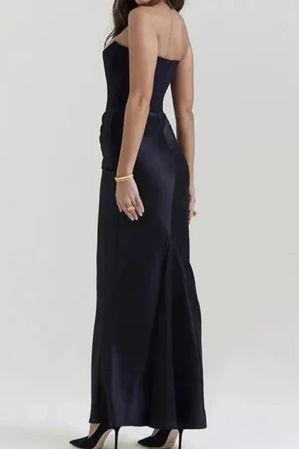 structured bodice," "sculpted silhouette," "draped waistline," "black tie attire," and "gala gown