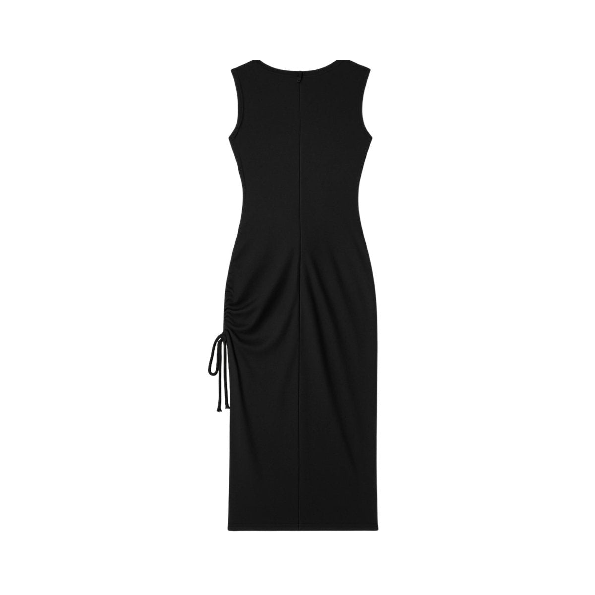Black Kouvr sleeveless dress with a draped design on a white background