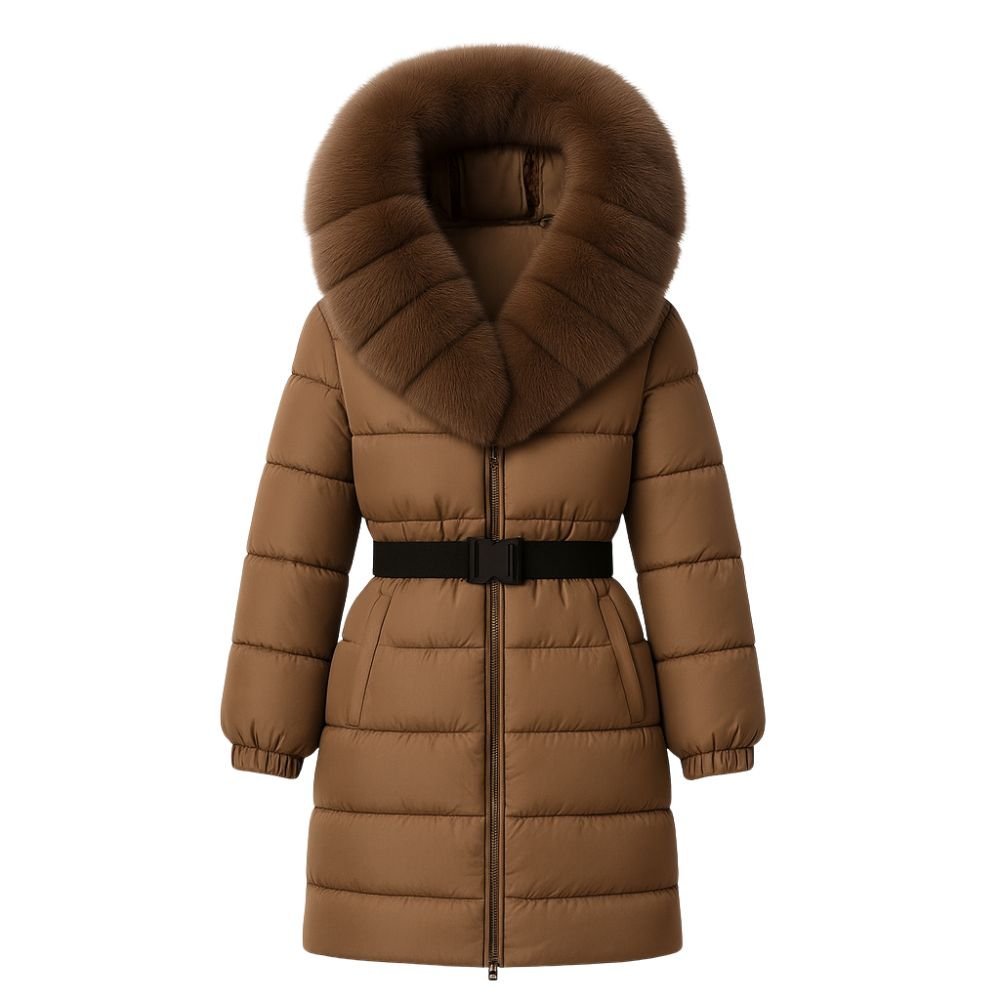 Model wearing Kouvr Fashion belted down puffer coat with oversized white fox fur hood