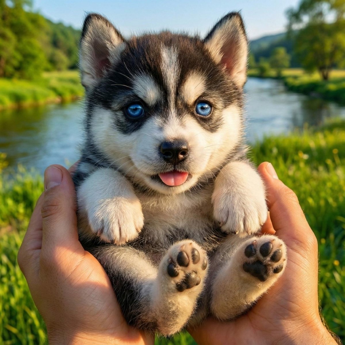 A hand holding a miniature, realistic plush husky puppy toy, showcasing detailed pink paw pads, bright eyes, and premium soft fur texture.