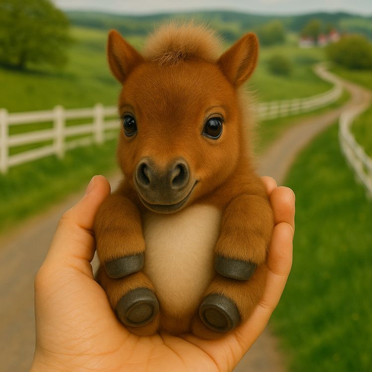 A hyper-realistic, small brown interactive robot pony from Kouvr held gently in the palm of a hand, with a scenic country road in the background.