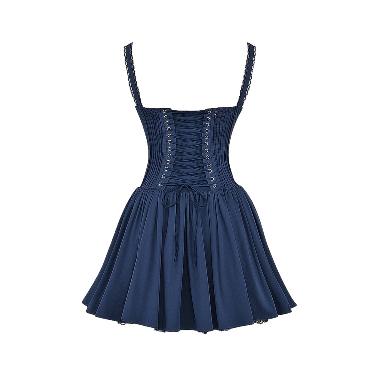 Navy kouvr dress with lace straps on a white background