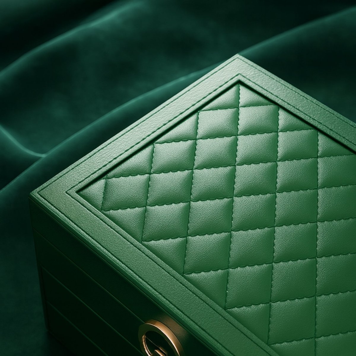 Detail shot showing the diamond quilted pattern and stitching on the lid of the emerald green PU leather jewelry box.