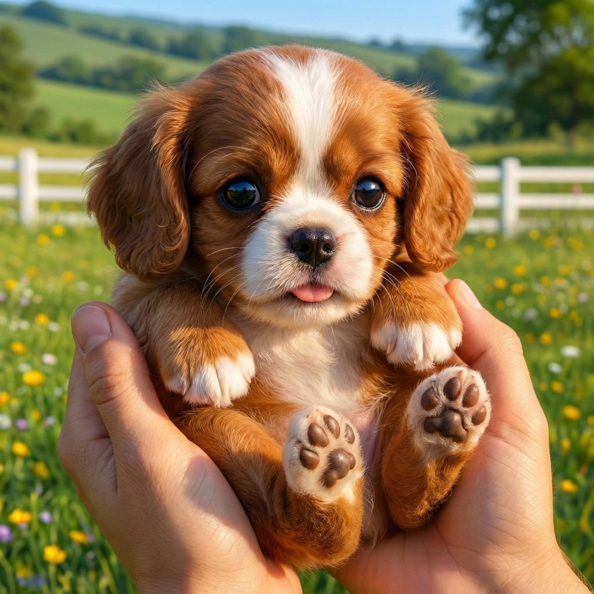 A close-up view of a realistic Cavalier King Charles Spaniel robot puppy being held gently in two hands, showing its soft plush fur and lifelike eyes.