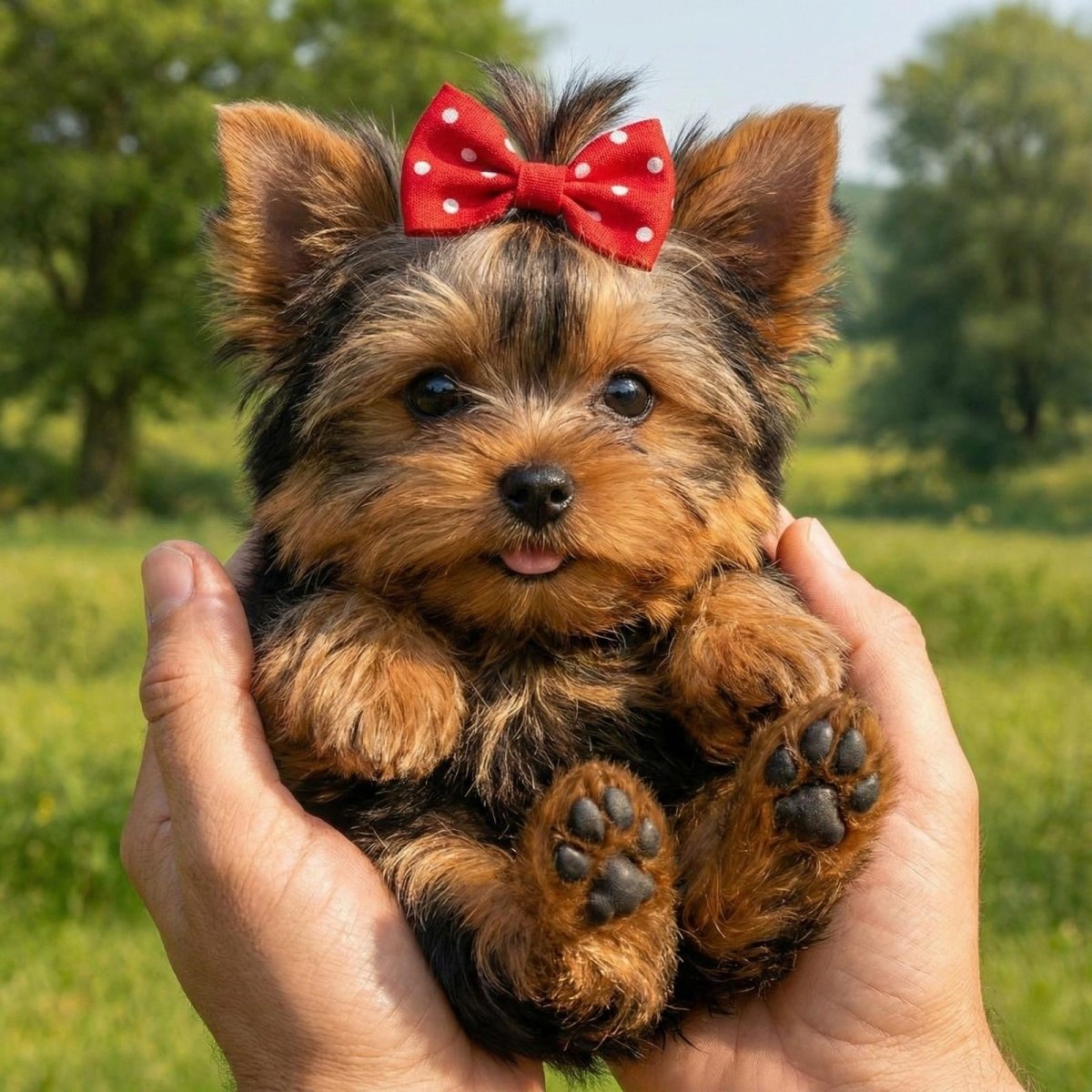 Small, handheld realistic Yorkshire Terrier toy dog wearing a red polka dot bow, displaying high-quality synthetic fur texture