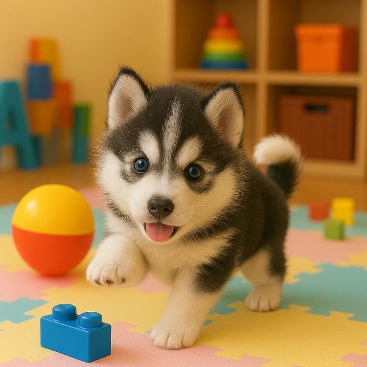 A realistic interactive robot husky puppy toy shown mid-stride, walking on a colorful interlocking play mat next to blue and yellow building blocks.