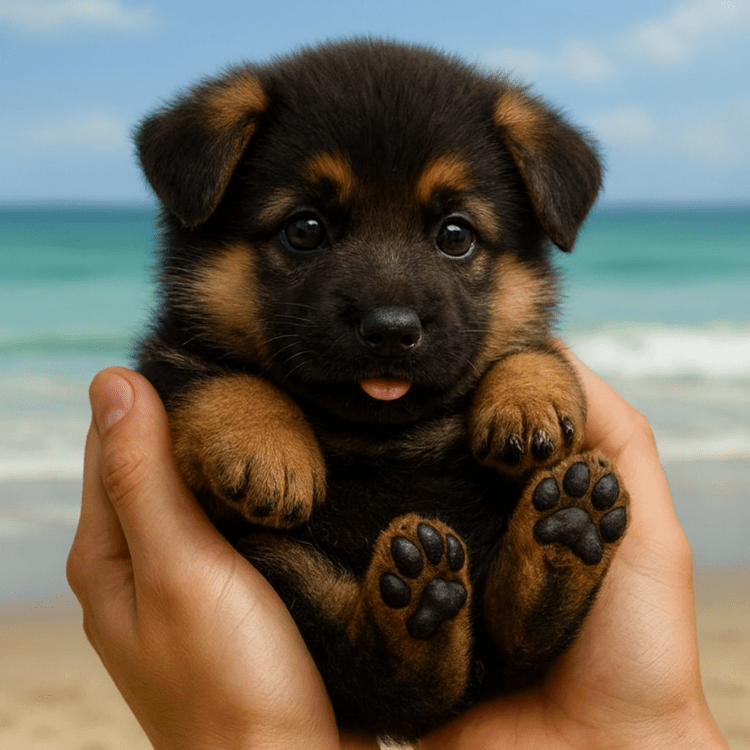 A detailed close-up of the Kouvr Fashion realistic robot German Shepherd puppy being gently held, showing its highly lifelike eyes, textured fur, and playful expression against a coastal backdrop