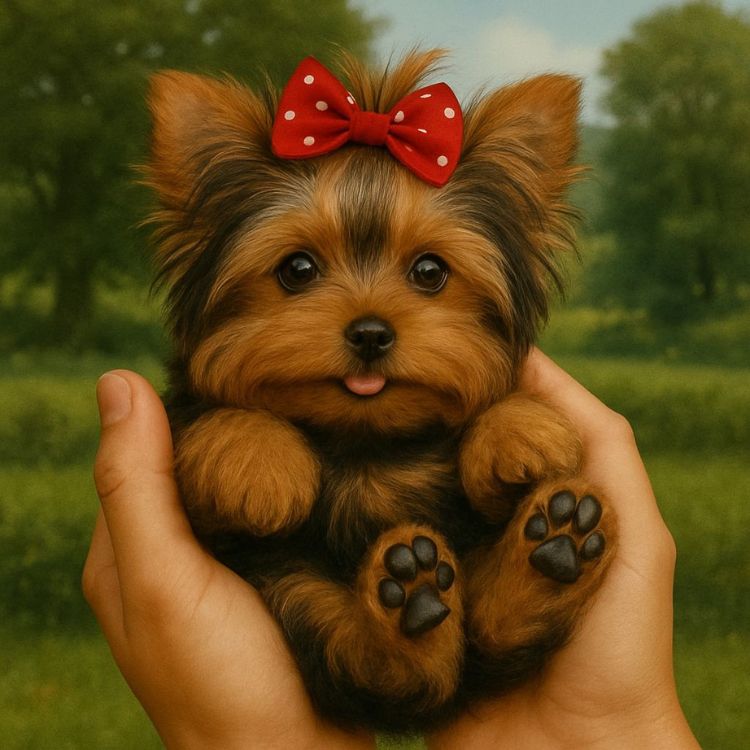 Small, handheld realistic Yorkshire Terrier toy dog wearing a red polka dot bow, displaying high-quality synthetic fur texture