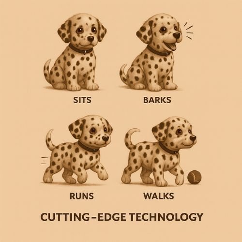 Illustration diagram detailing the four main movements of the cutting-edge robot puppy technology: sitting, barking, running, and walking to mimic a real dog.