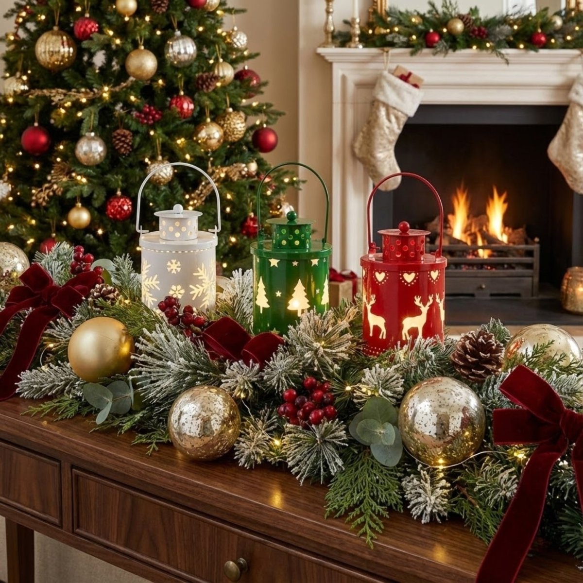 Close-up angle of red, green, and white metal lanterns with lit candles inside, showing detailed snowflake, tree, and reindeer cutouts in a cozy home.