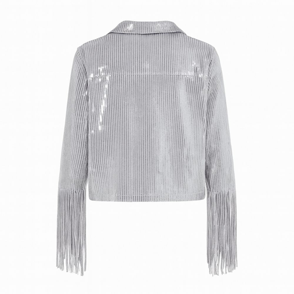 Kouvr Stardust silver sequin fringe jacket for women | Western tinsel jacket for bachelorette and concert outfits