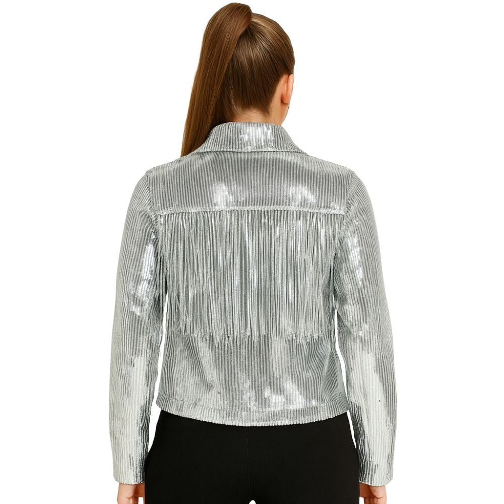 Kouvr Stardust silver sequin fringe jacket for women | Western tinsel jacket for bachelorette and concert outfits
