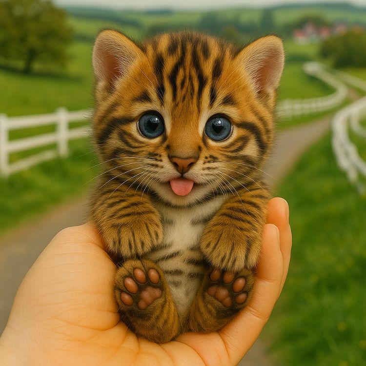 A close-up of the tiny Kouvr robot tiger cub toy being held gently in a person's hand, showcasing its small size and cute details.
