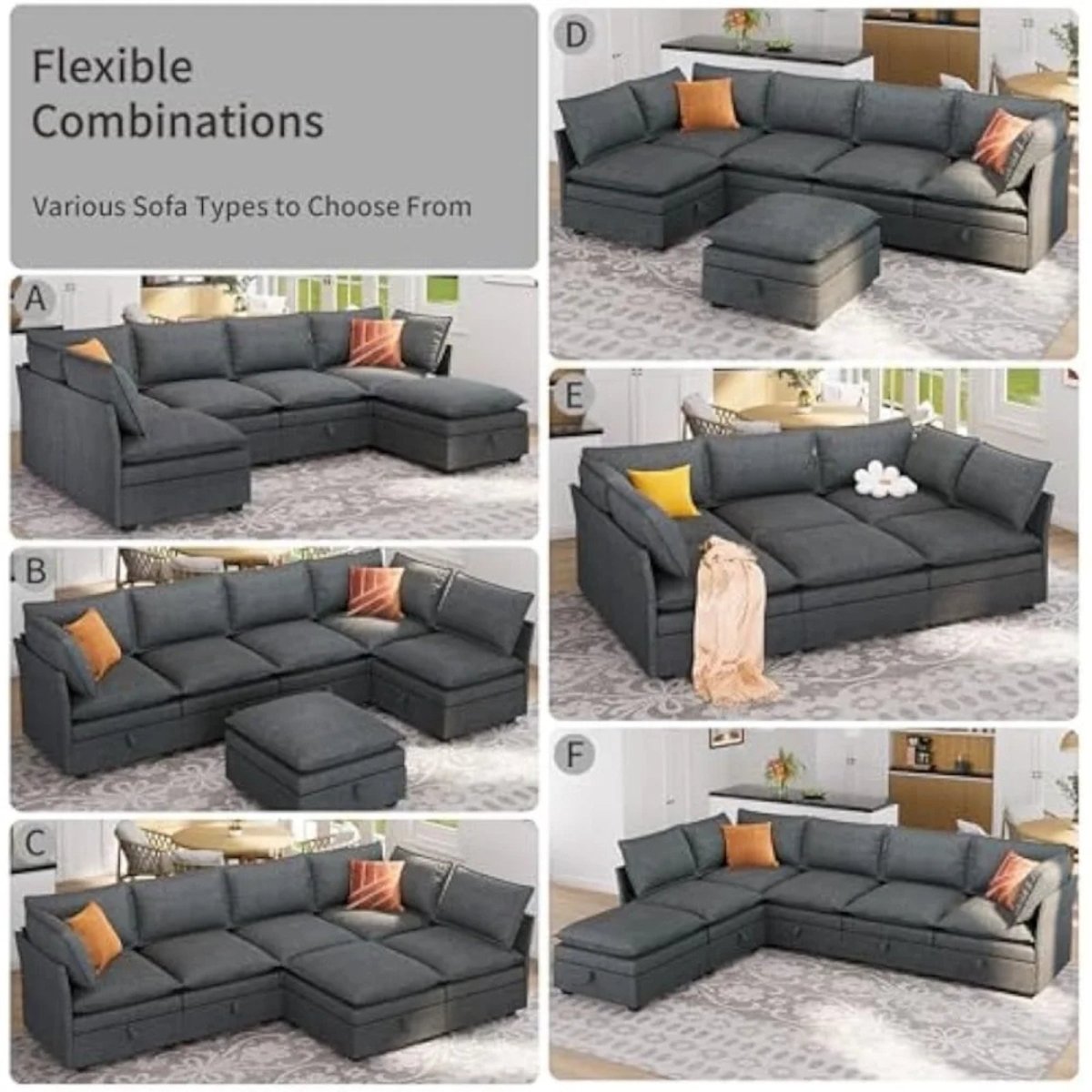 Collage of dark grey kouvr sectional sofas with flexible combinations in various living room settings.