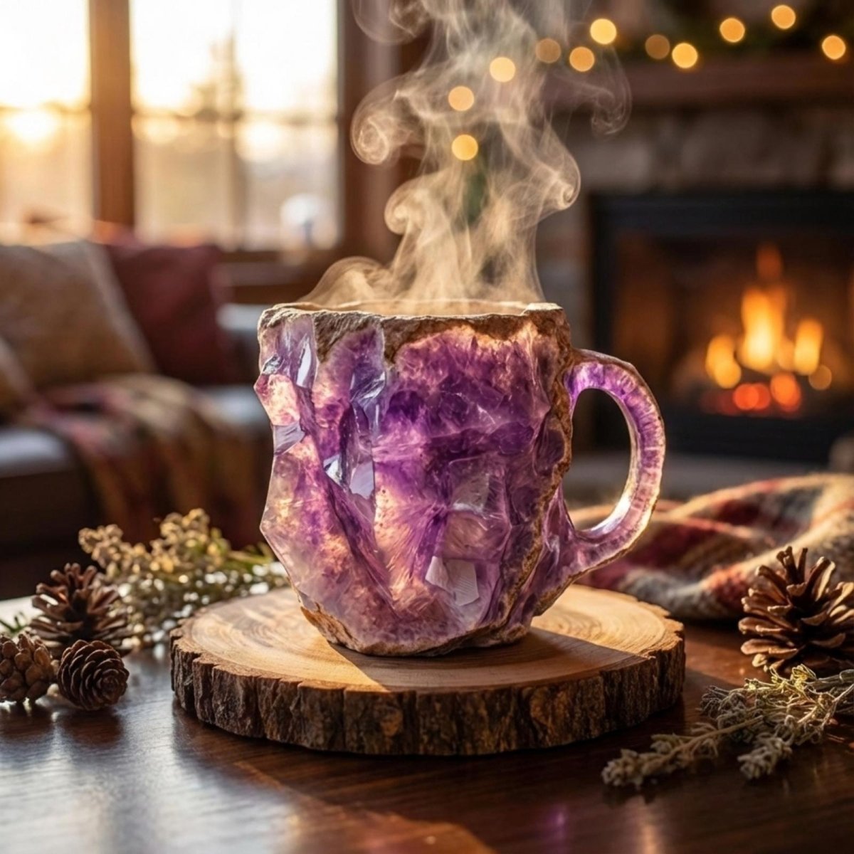 A purple amethyst geode mug filled with a steaming hot beverage, placed in a cozy living room setting with a fireplace in the background.